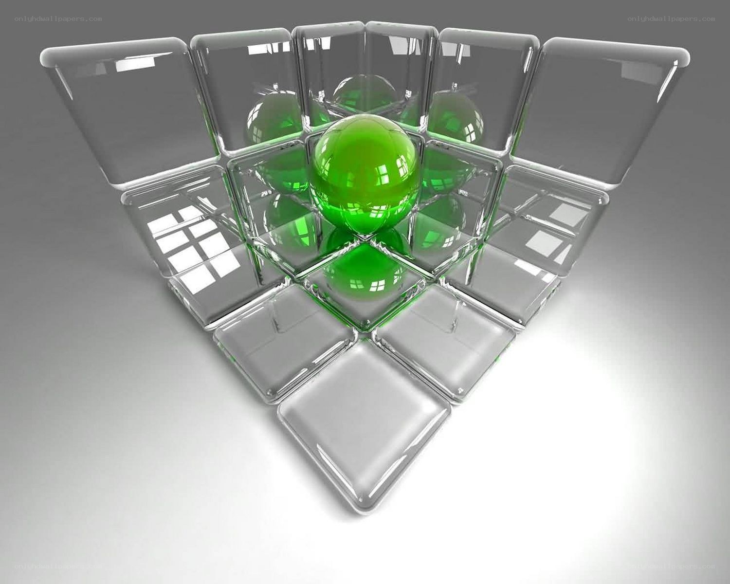 green sphere in glass cubes