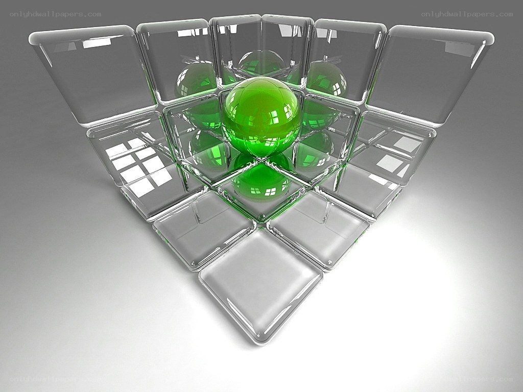 green sphere in glass cubes