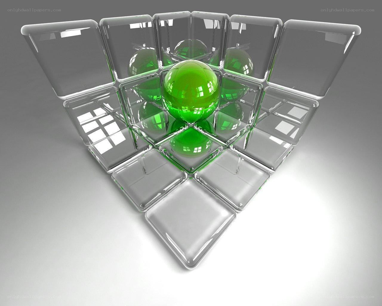 green sphere in glass cubes