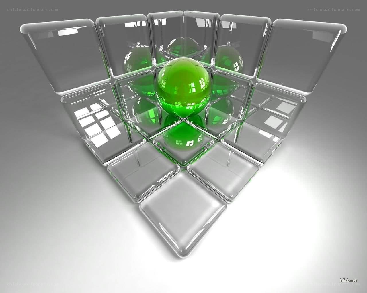 green sphere in glass cubes