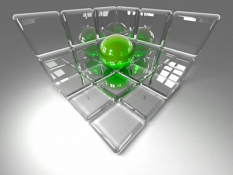 Green Sphere in Glass Cubes — Neutral, 3d Render, Glass Cubes
