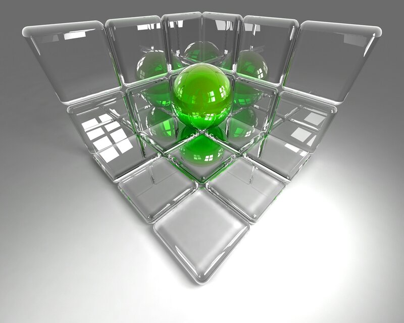 Green sphere in glass cubes