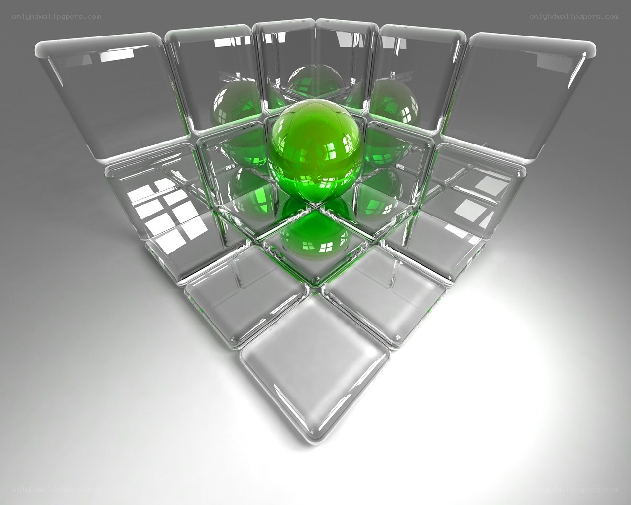 Green sphere in glass cubes