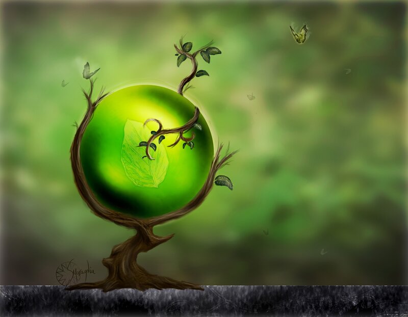 green sphere with tree and butterfly