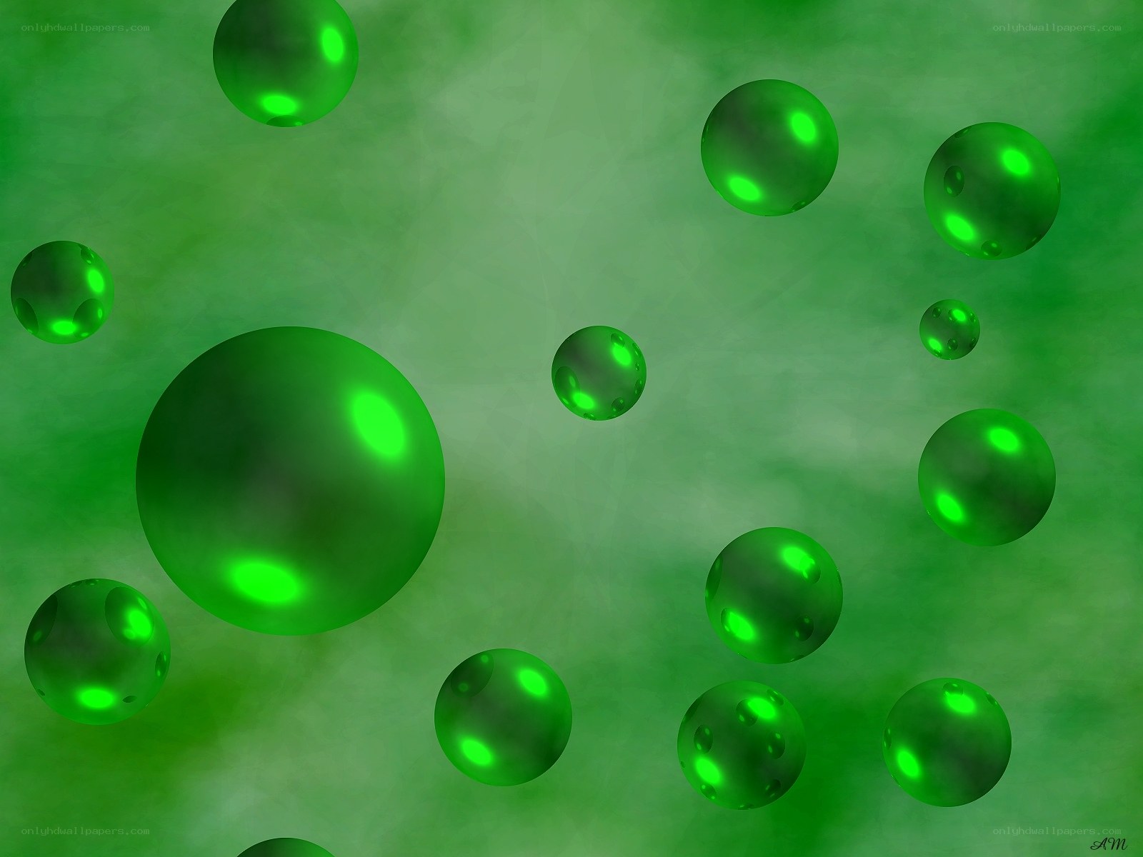 green spheres floating in mist