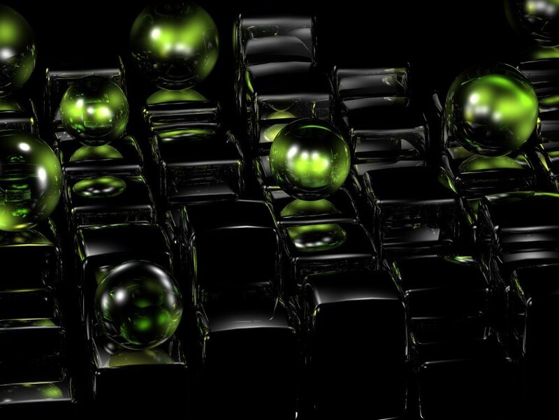 Green spheres on black cubes