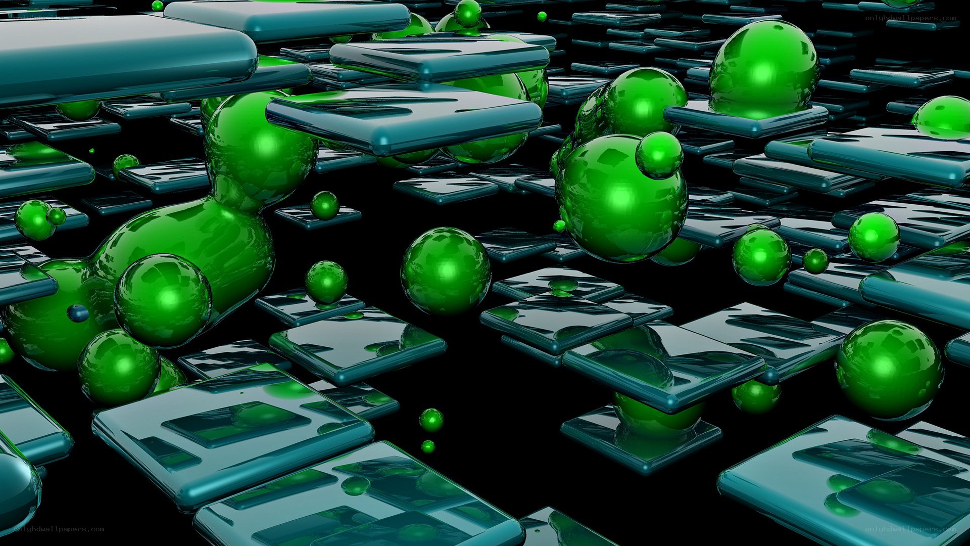 green spheres on blue platforms