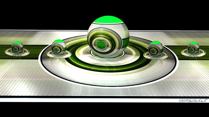 Green Spheres on Platform — Futuristic, Digital Art