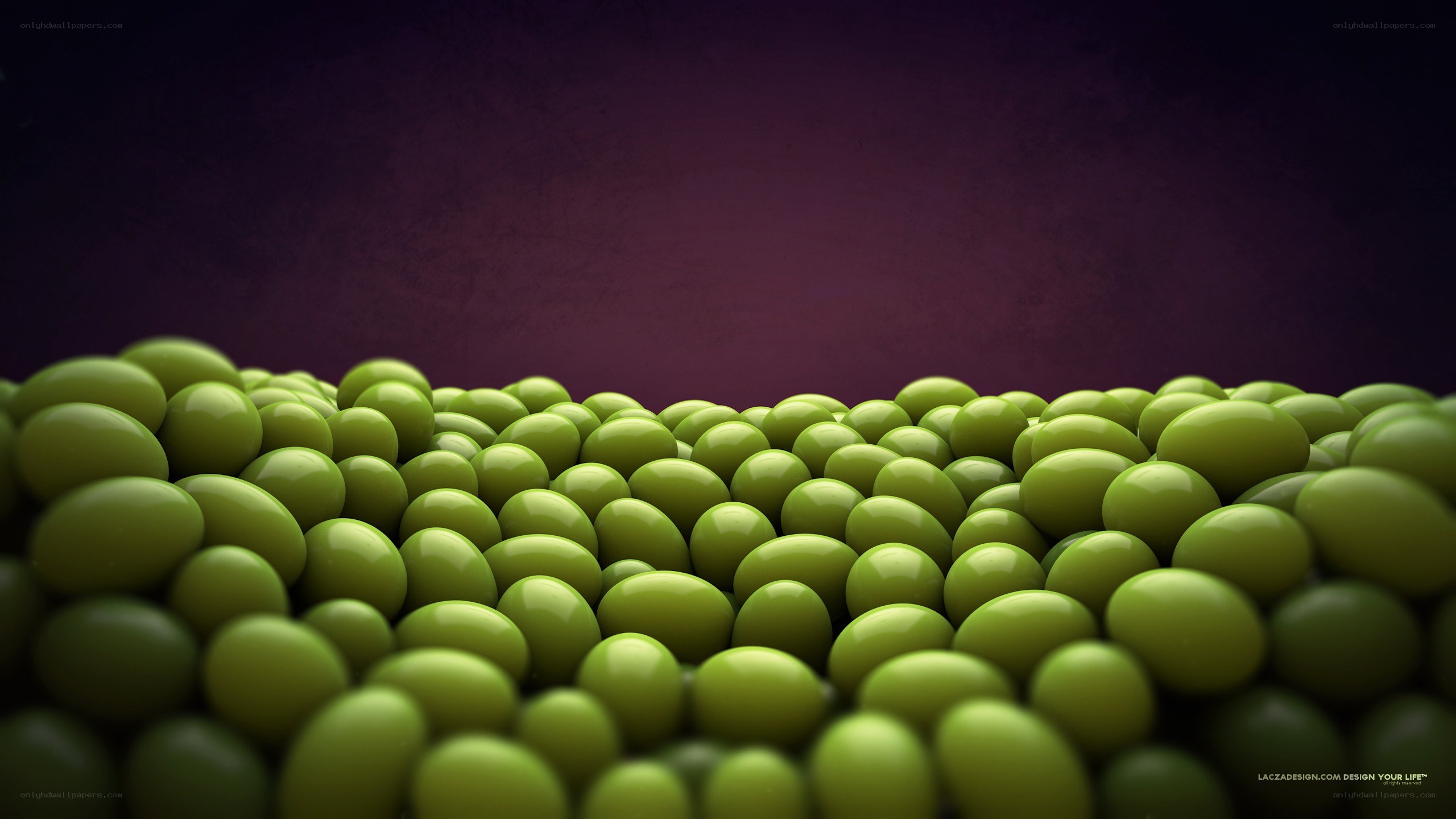 Green spheres on purple background