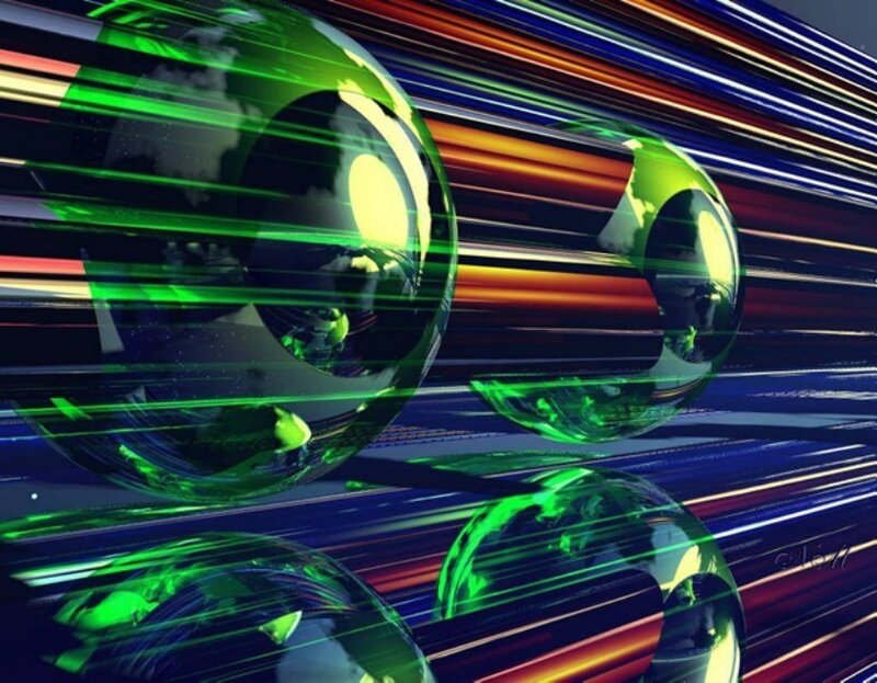 Green spheres with light streaks