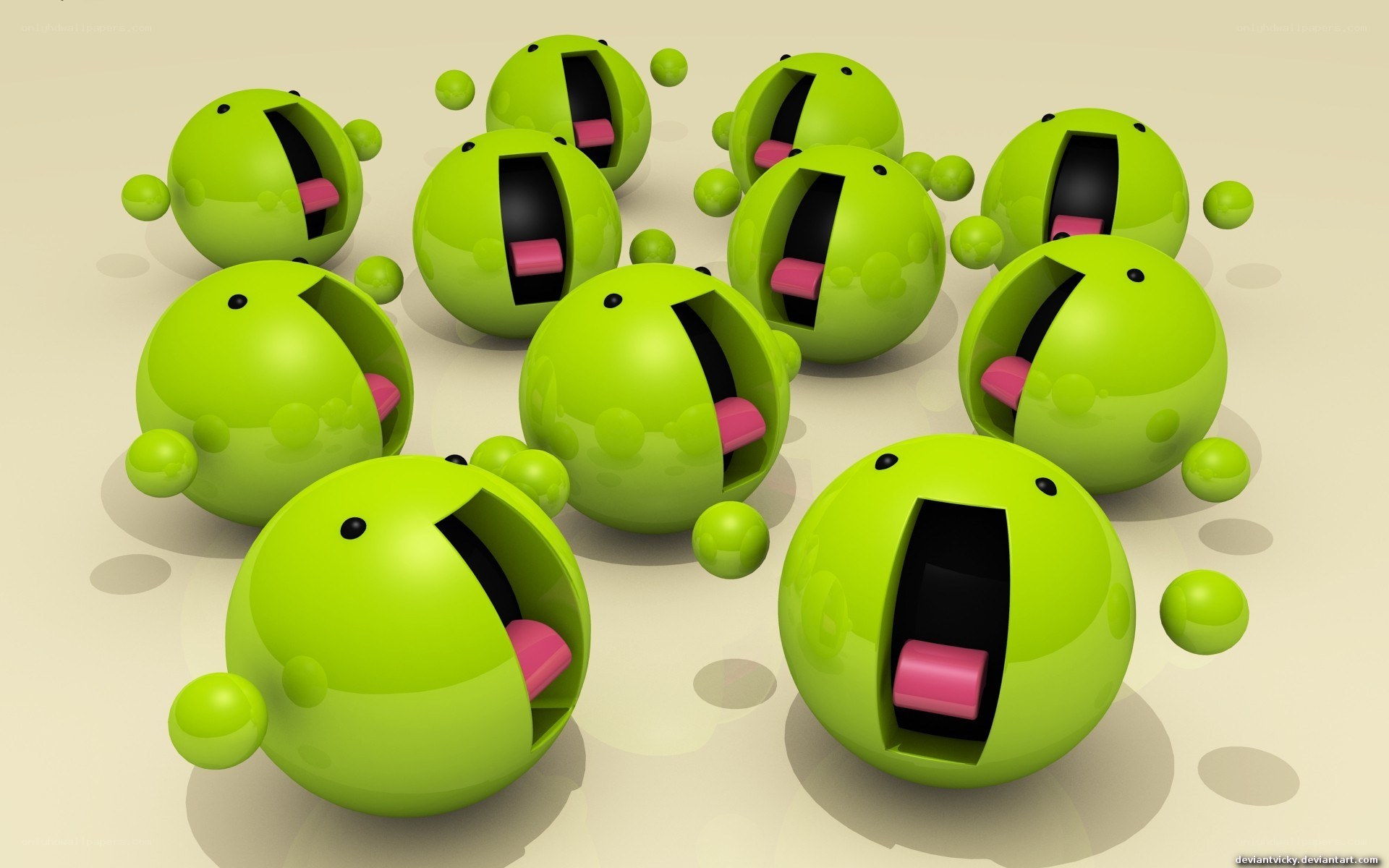 Green spheres with open mouths