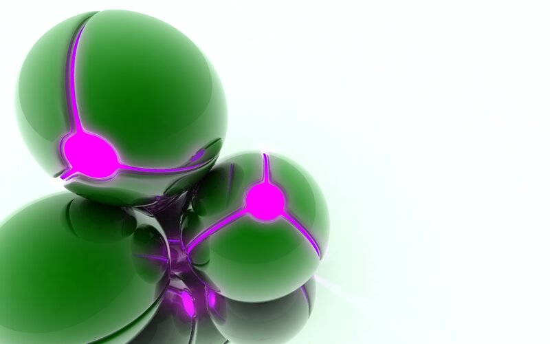 green spheres with purple light
