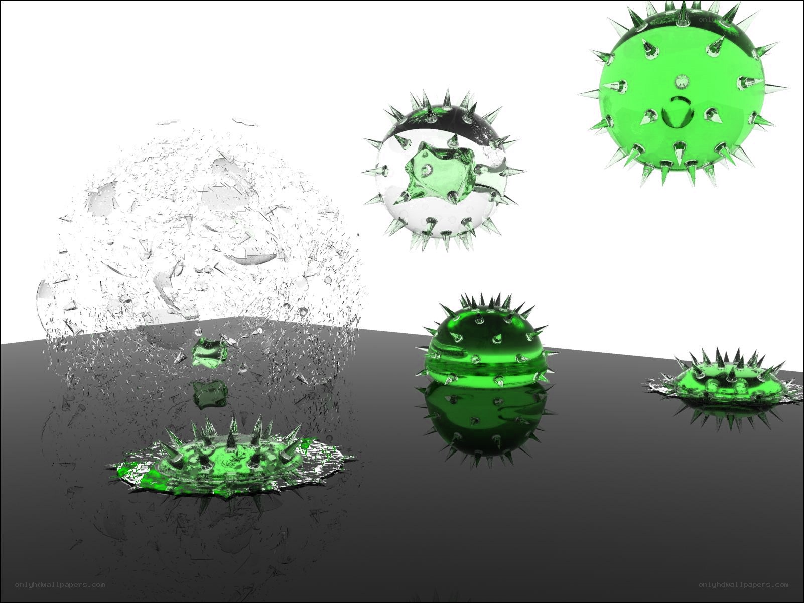 Green spiked spheres on reflective surface