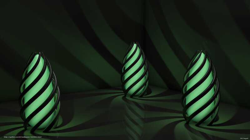 Green spiral sculptures in dark room
