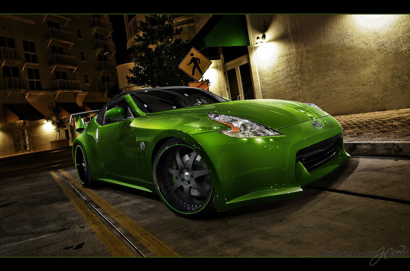 green sports car at night