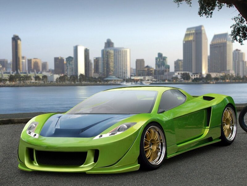 Green sports car by the water