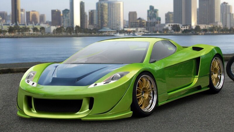 green sports car by water