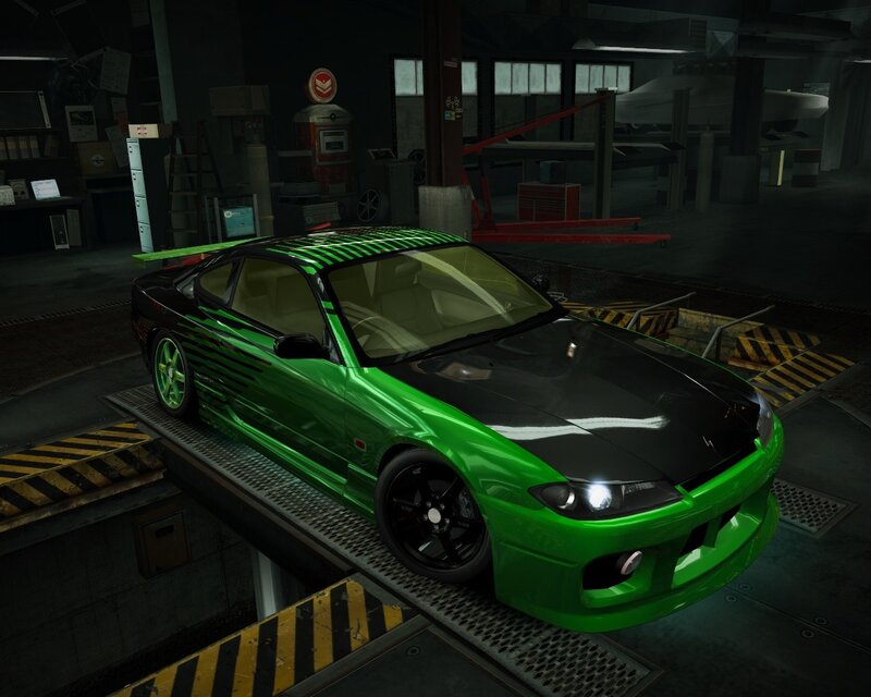 Green Sports Car — Dark, Night, 3d Render, Garage, Car Lift