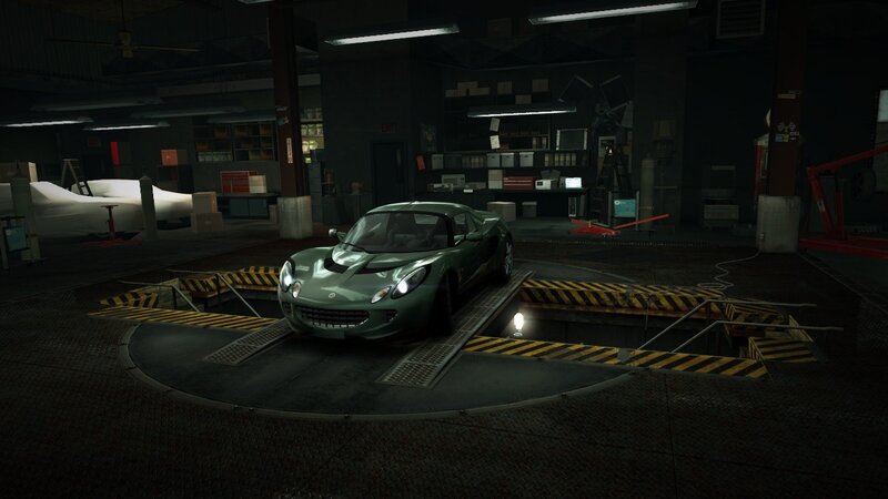 Green Sports Car — Dark, Night, 3d Render, Garage, Car Lift, Workbench, Black
