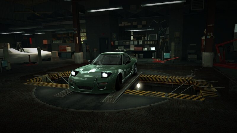 Green Sports Car — Dark, Night, 3d Render, Garage, Car Lift, Workbench, Black, Yellow
