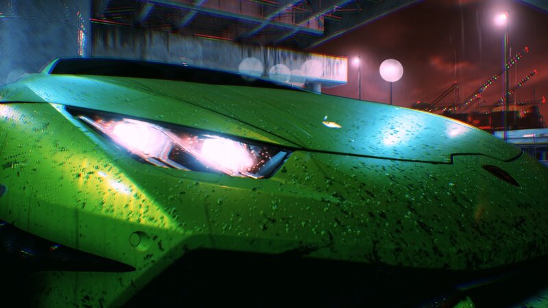 Green Sports Car — Dark, Rainy