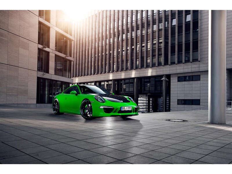 Green Sports Car — Dramatic, Afternoon, Photograph, Building, Pavement