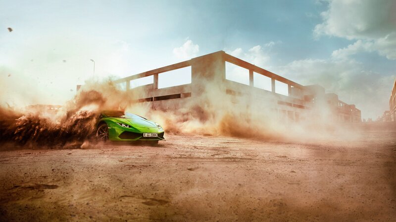 Green Sports Car — Dramatic, Afternoon, Photograph, Dust Cloud