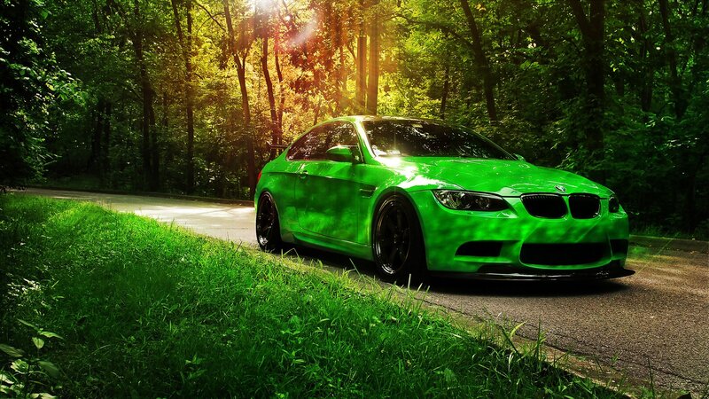 Green Sports Car — Dramatic, Afternoon, Photograph, Road, Trees, Grass