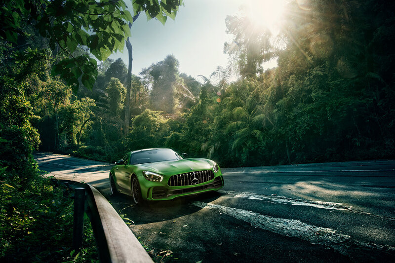 Green Sports Car — Dramatic, Afternoon, Photograph, Road, Trees