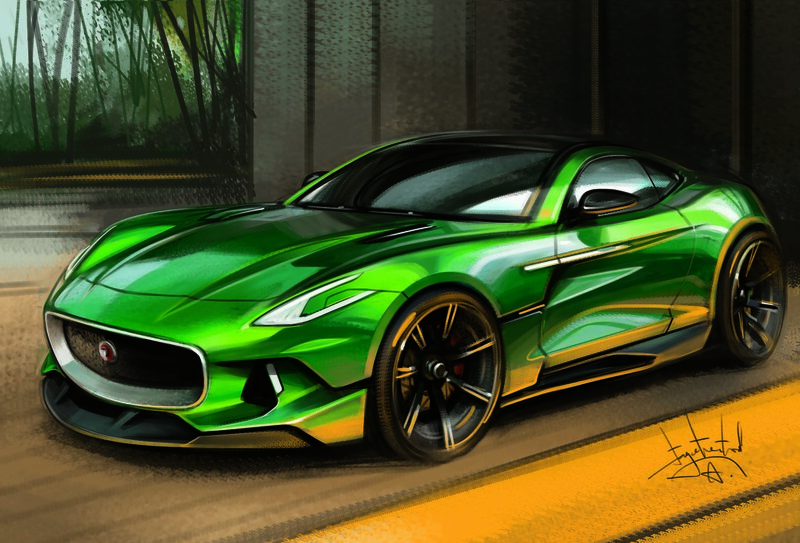 Green Sports Car — Dramatic, Digital Art, Road, Trees