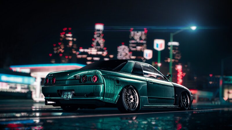 Green Sports Car — Dramatic, Night, 3d Render, City Skyline