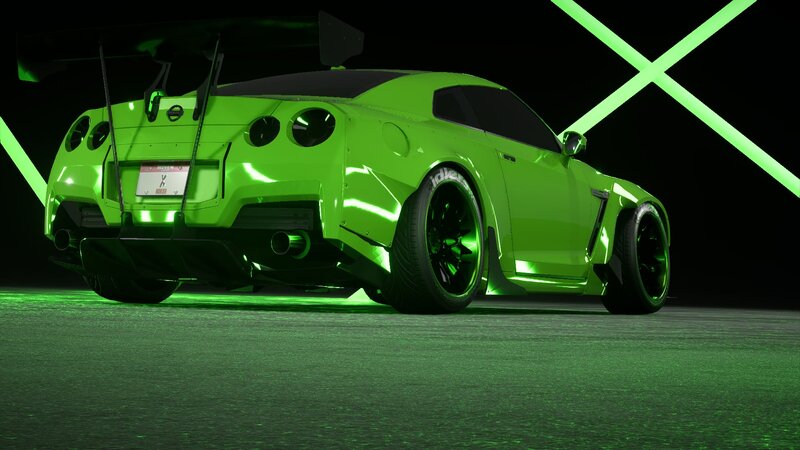 Green Sports Car — Dramatic, Night, 3d Render, Rear Wing