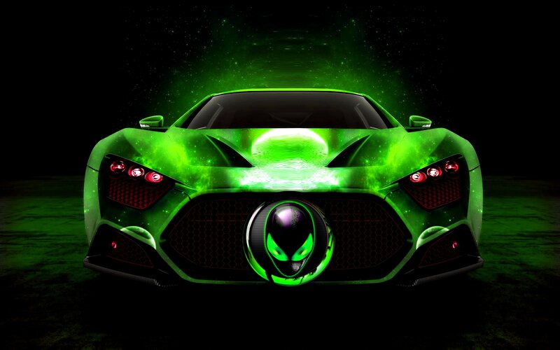 Green Sports Car — Dramatic, Night, Digital Art, Alien Head Logo