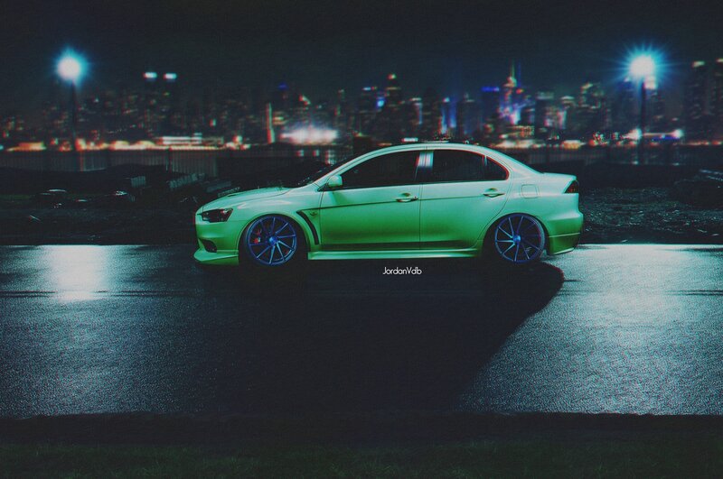 Green Sports Car — Dramatic, Night, Digital Art, City Skyline