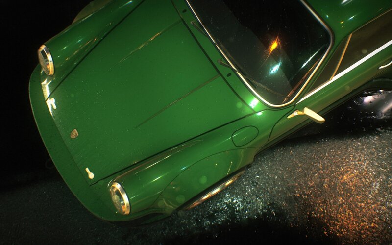 Green Sports Car — Dramatic, Night, Photograph, Headlight
