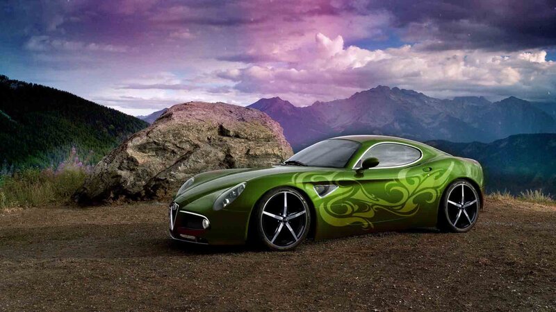 Green Sports Car — Dramatic, Sunset, Digital Art, Mountains