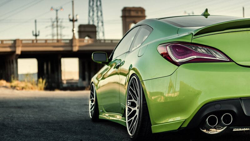 Green Sports Car — Dramatic, Sunset, Photograph, Bridge