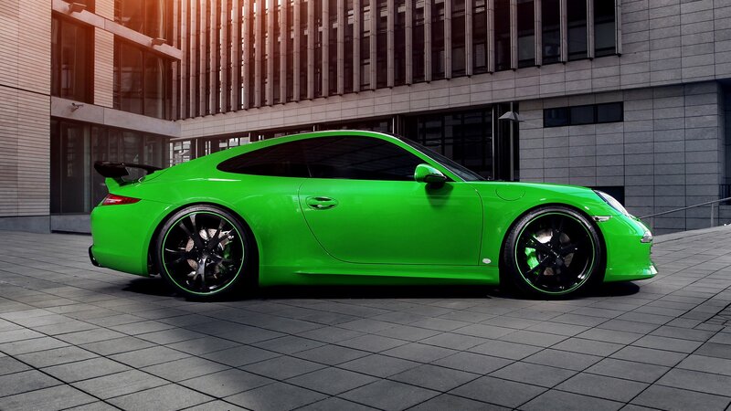 Green Sports Car — Dramatic, Sunset, Photograph, Building, Tarmac