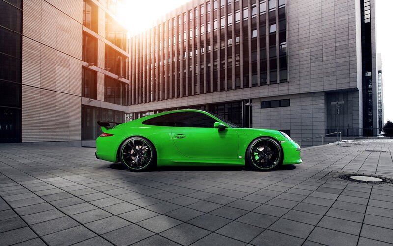 Green Sports Car — Dramatic, Sunset, Photograph, Building