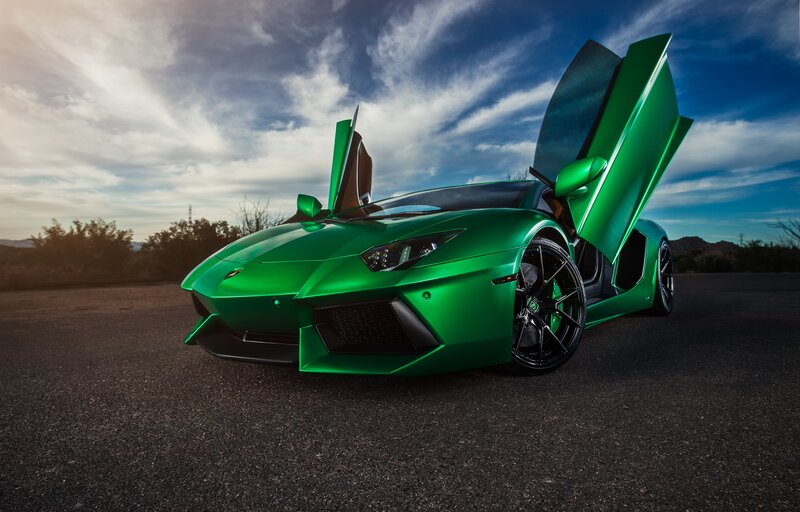 Green Sports Car — Dramatic, Sunset, Photograph, Doors Open