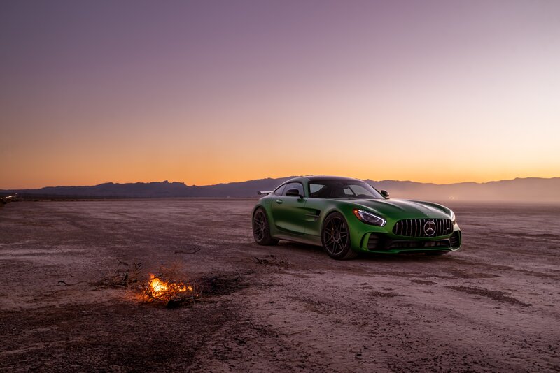 Green Sports Car — Dramatic, Sunset, Photograph, Fire, Desert