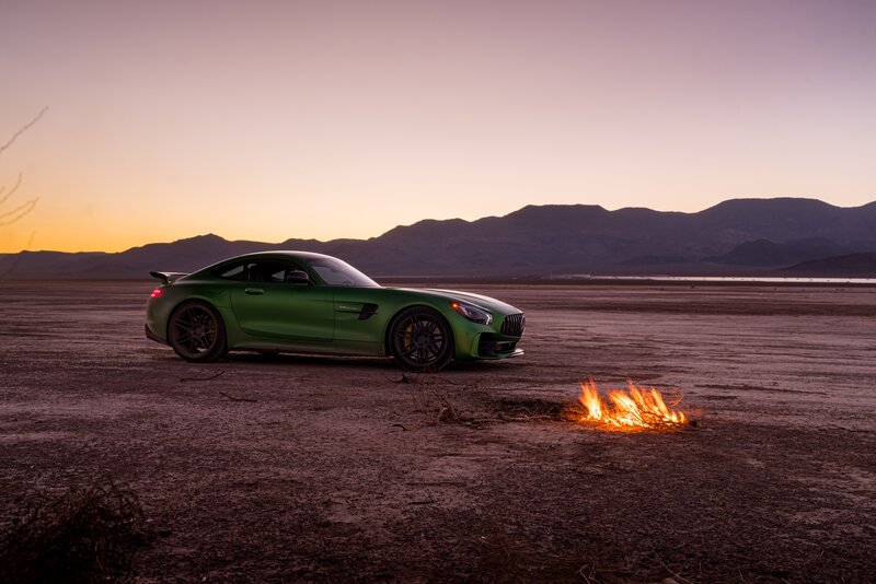 Green Sports Car — Dramatic, Sunset, Photograph, Fire