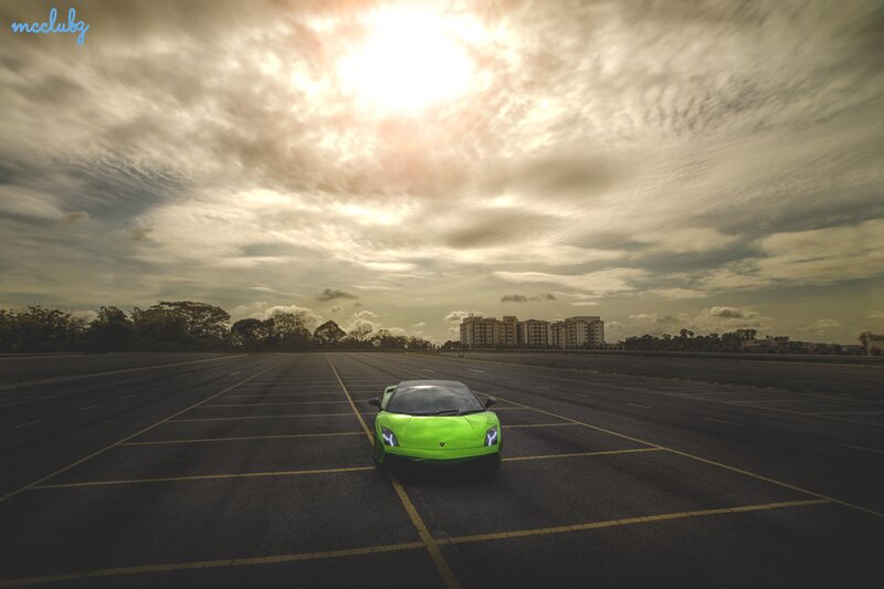 Green Sports Car — Dramatic, Sunset, Photograph, Parking Lot