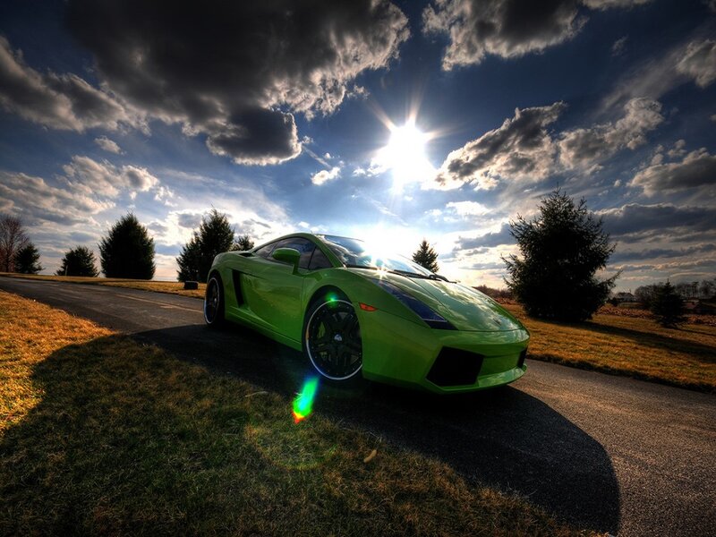 Green Sports Car — Dramatic, Sunset, Photograph, Road
