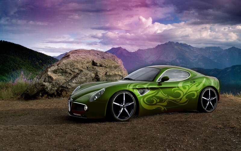 Green Sports Car — Dramatic, Sunset, Photograph