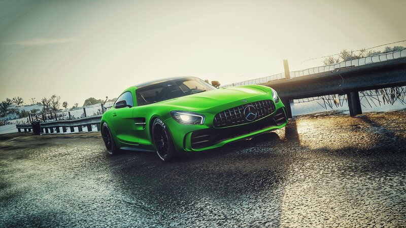 Green Sports Car — Dramatic, Winter, 3d Render, Bridge