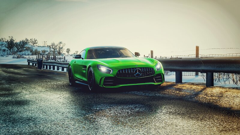 Green Sports Car — Dramatic, Winter, 3d Render, Road