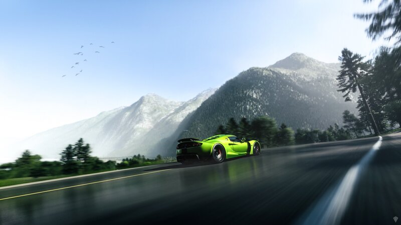 Green Sports Car — Dynamic, Afternoon, 3d Render, Mountains