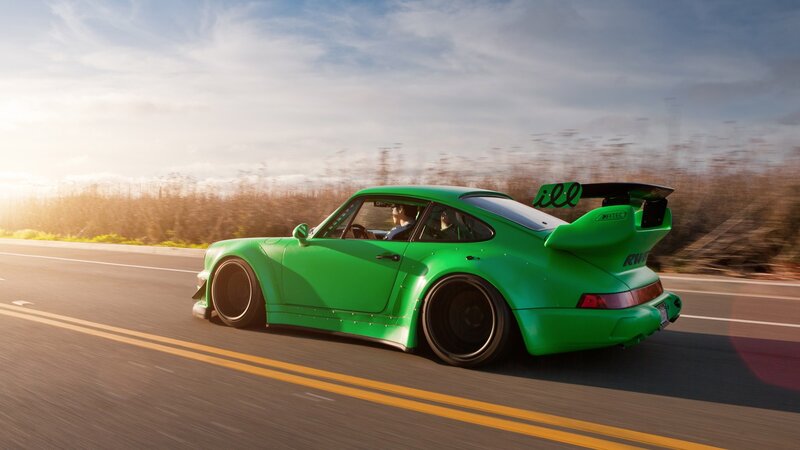 Green Sports Car — Dynamic, Sunset, Photograph, Driver
