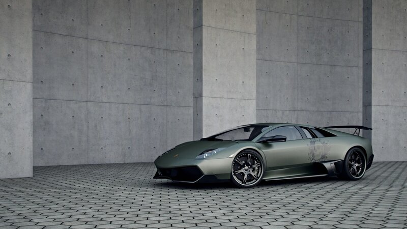 Green Sports Car — Gray, Dramatic, 3d Render, Concrete Wall
